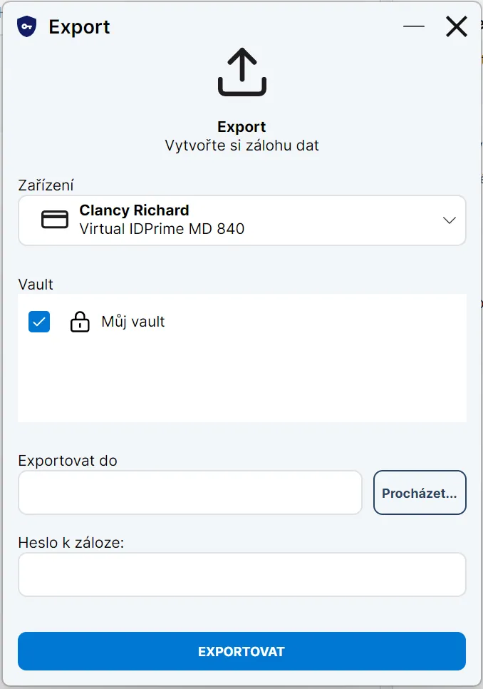 Formulář pro export vybraných vaultů do zálohy chráněné heslem