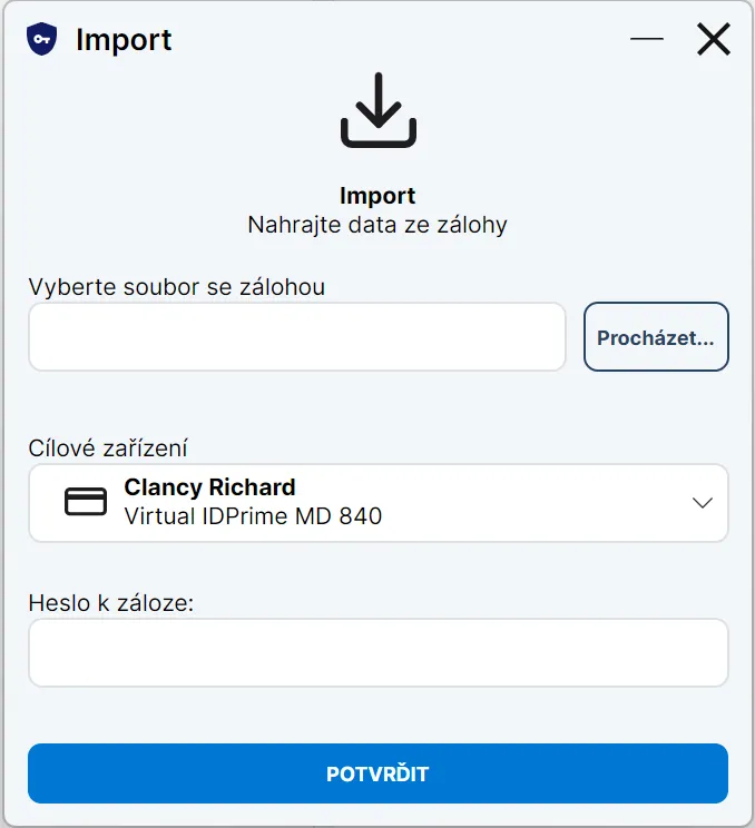 Formulář pro import zálohy do vybrané čipové karty nebo tokenu