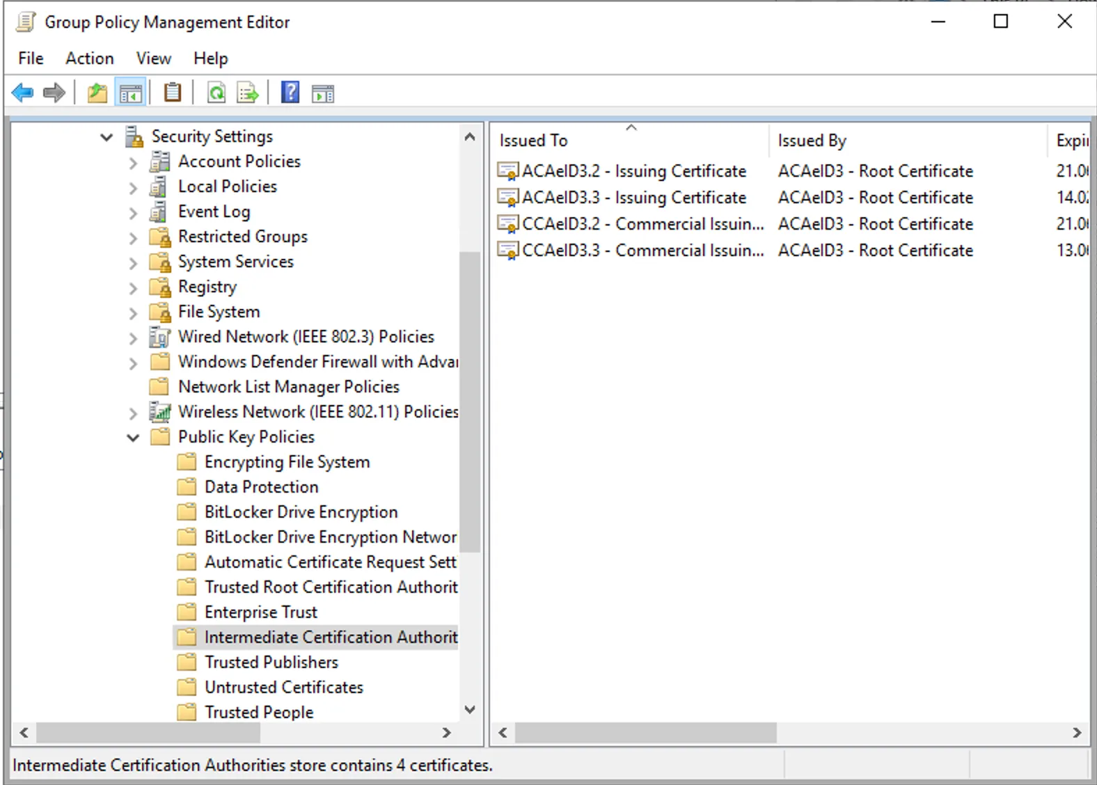 Import zprostředkujících certifikátů GPO