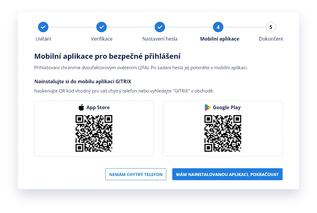 Instalace aplikace GITRIX s QR kódy pro App Store a Google Play