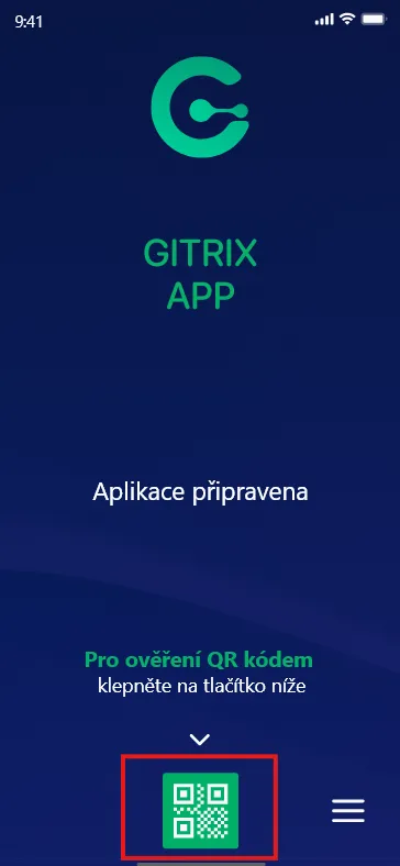 Aplikace GITRIX se zvýrazněnou ikonou pro načtení QR kódu