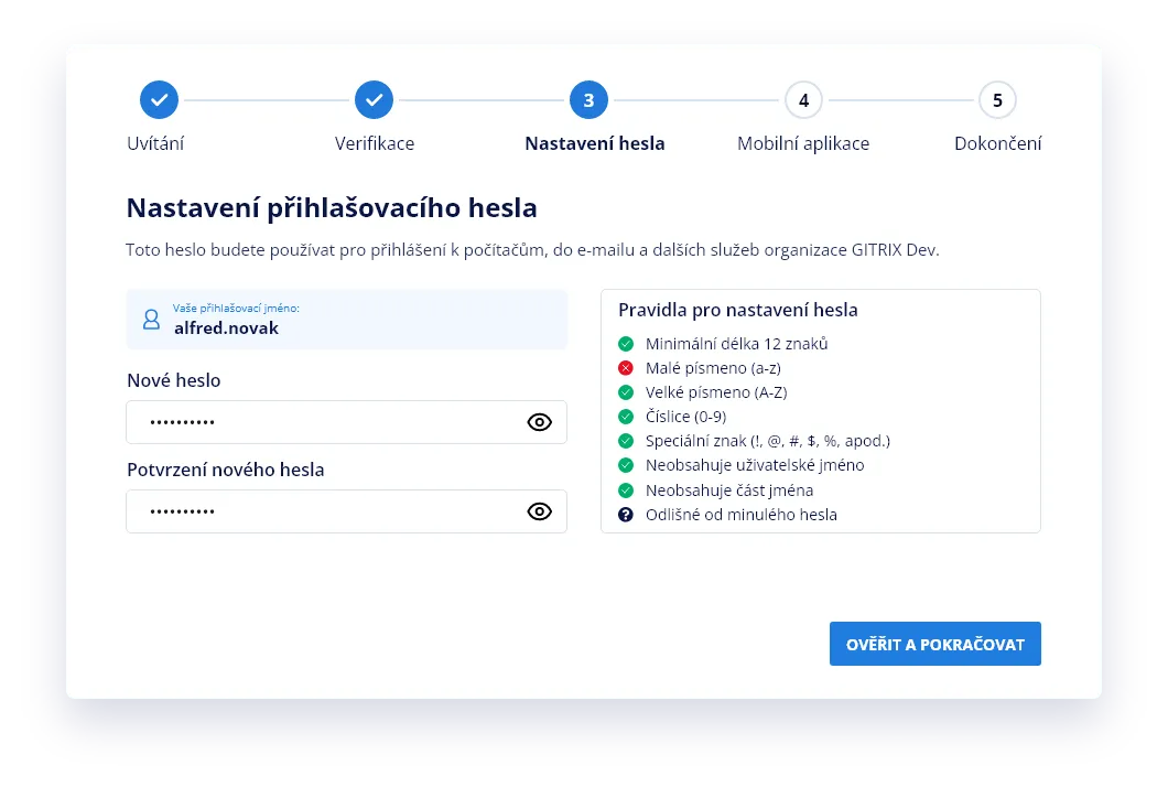 Nastavení nového přihlašovacího hesla s potvrzením hesla a přehledem pravidel