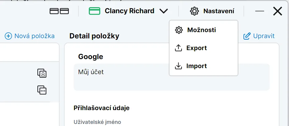 Nabídka Nastavení s volbami Možnosti, Export a Import