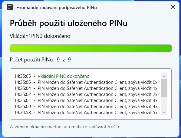 Průběh použití uloženého PINu